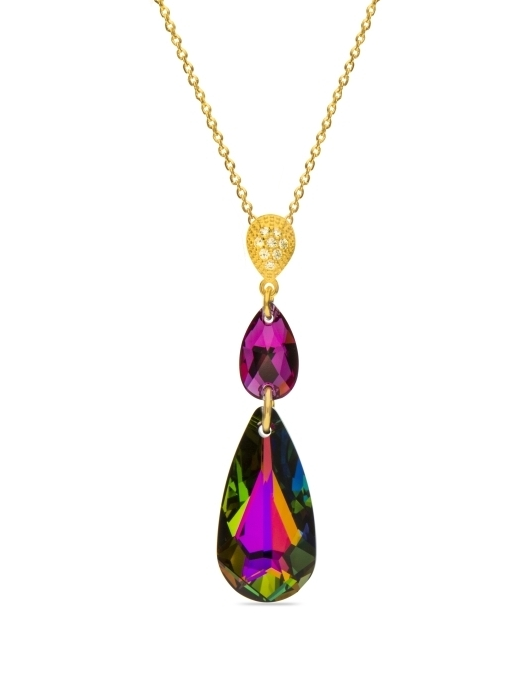 Náhrdelník se Swarovski Elements Double Teardrop Gold NCG323061001FVM Fuchsia
