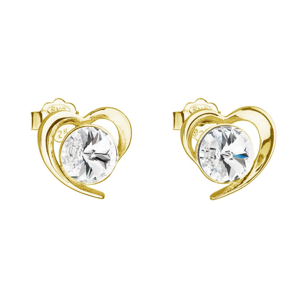 Levně Pozlacené stříbrné náušnice pecka s krystaly Swarovski bílé srdce 31259.1 Au plating