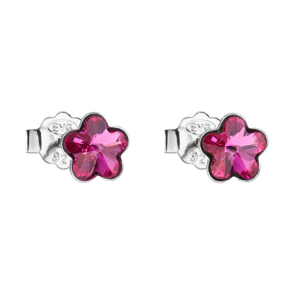 Stříbrné náušnice pecka s krystaly Swarovski tmavě růžová kytička 31080.3 Fuchsia