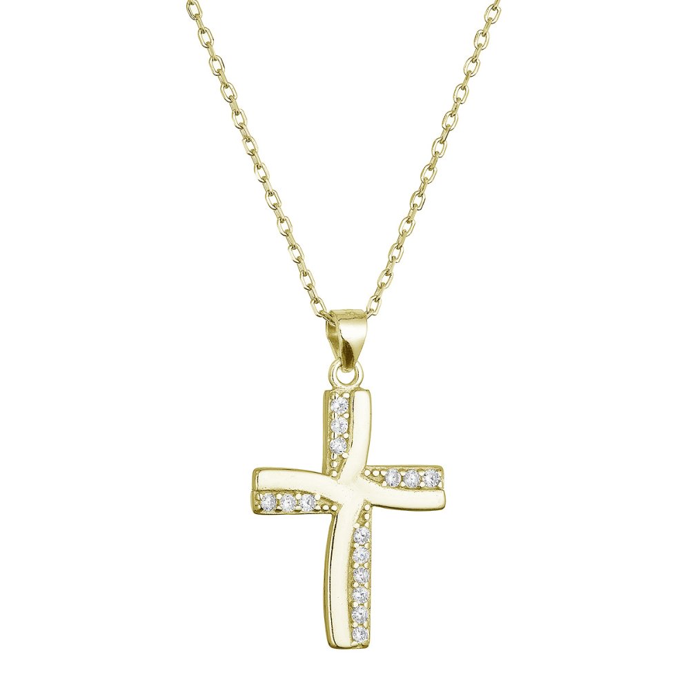Levně Pozlacený stříbrný náhrdelník kříž se zirkony 12135.1 crystal