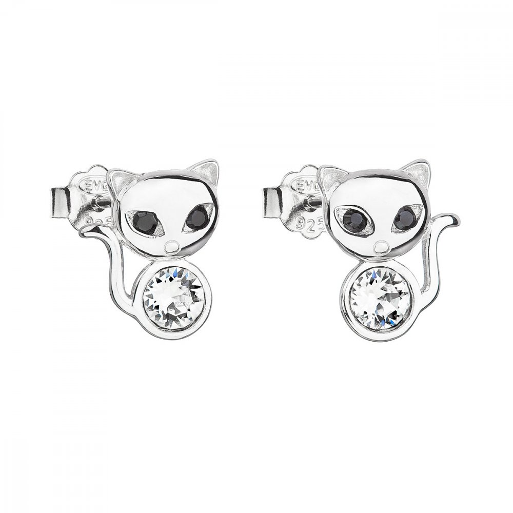Stříbrné náušnice pecka s krystaly Swarovski bílá kočka 31250.1 Krystal