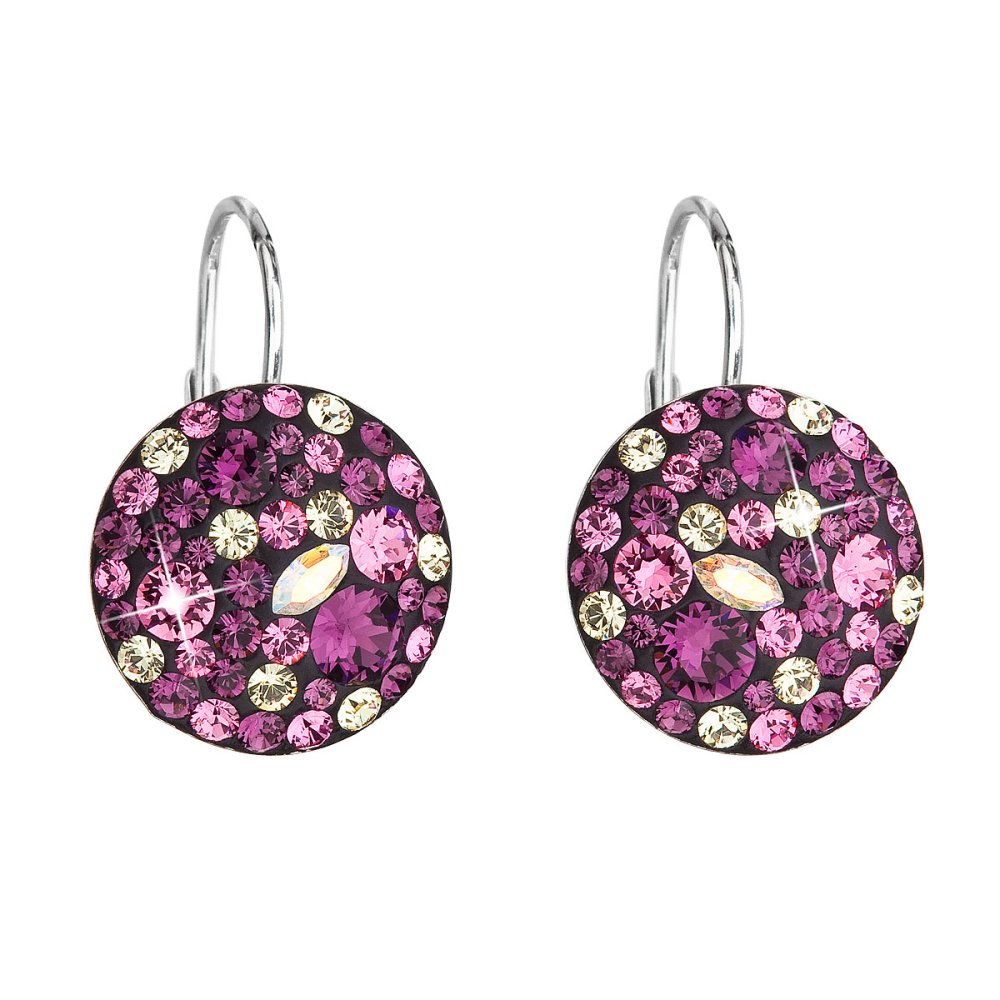 Stříbrné náušnice visací s krystaly Swarovski fialové kulaté 31176.3 Amethyst