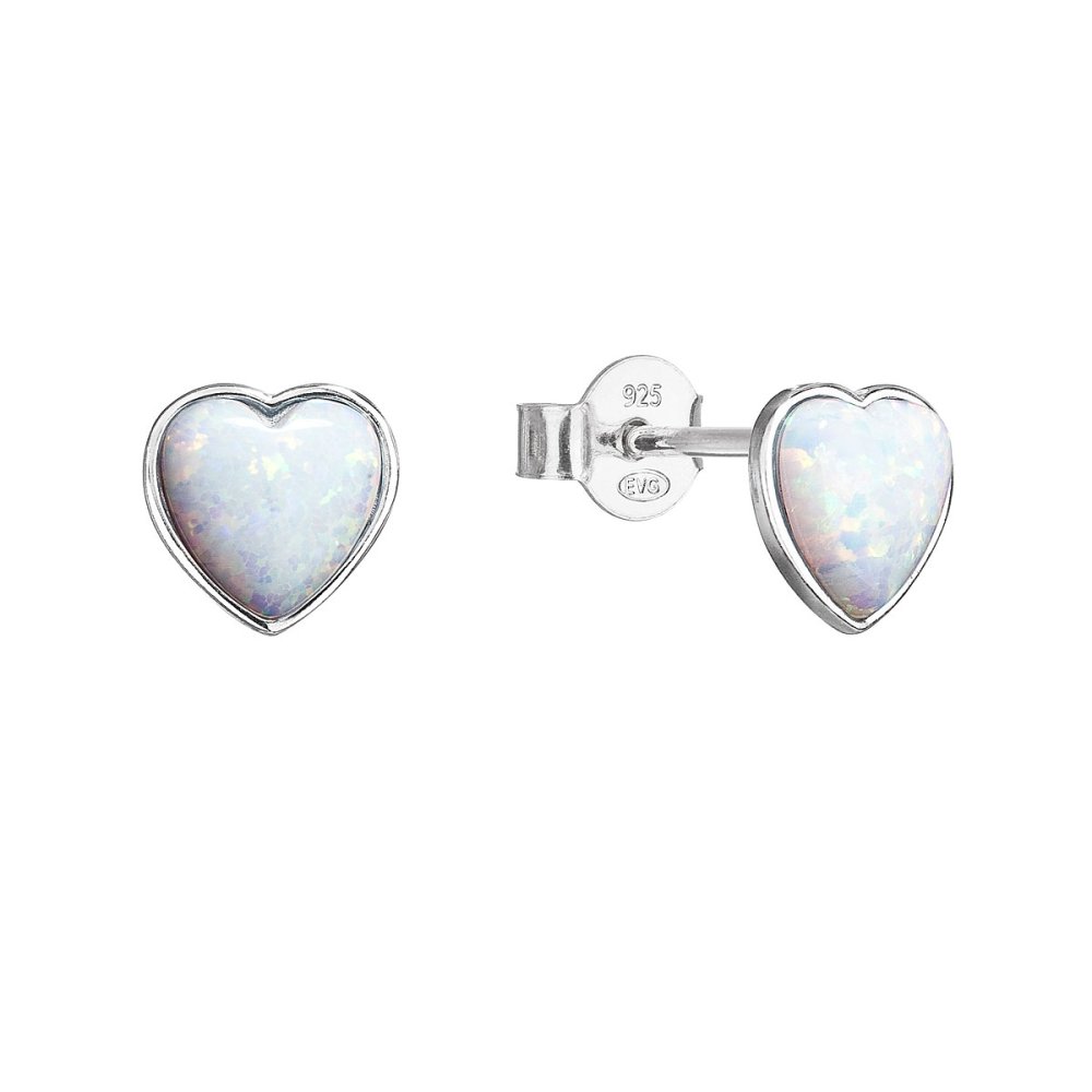 Stříbrné náušnice pecky se syntetickým opálem bílé srdce 11337.1 White s. Opal