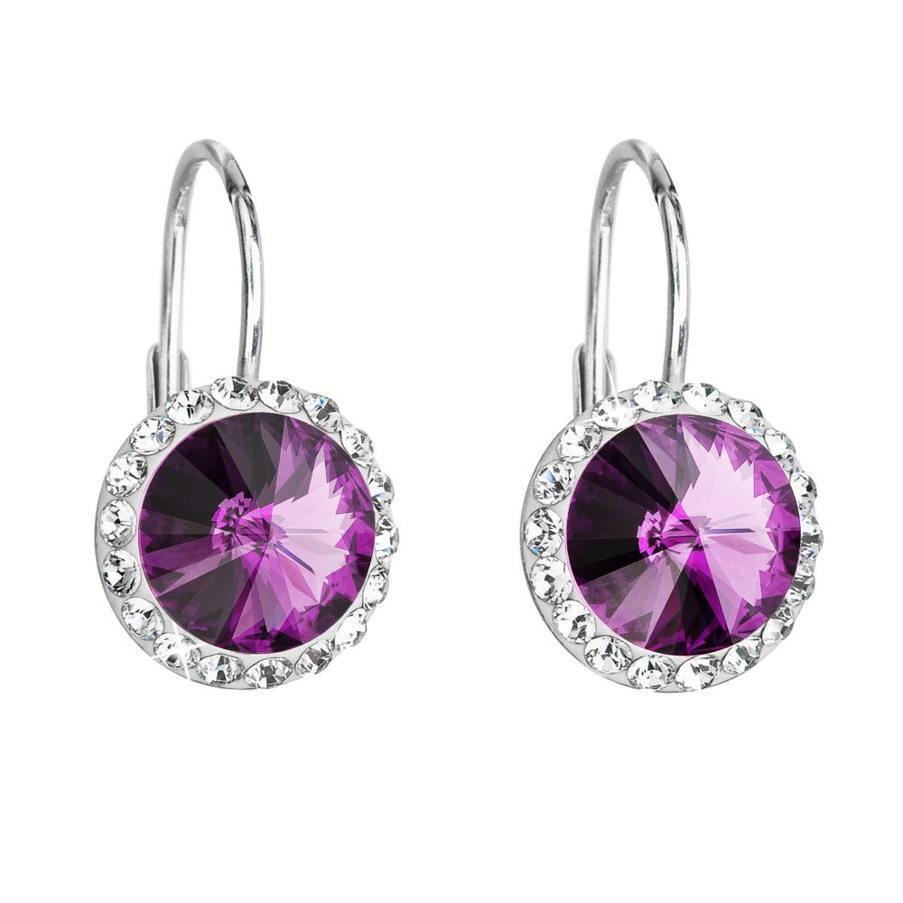 Stříbrné náušnice visací s křišťály Preciosa fialové kulaté 31216.3 Amethyst