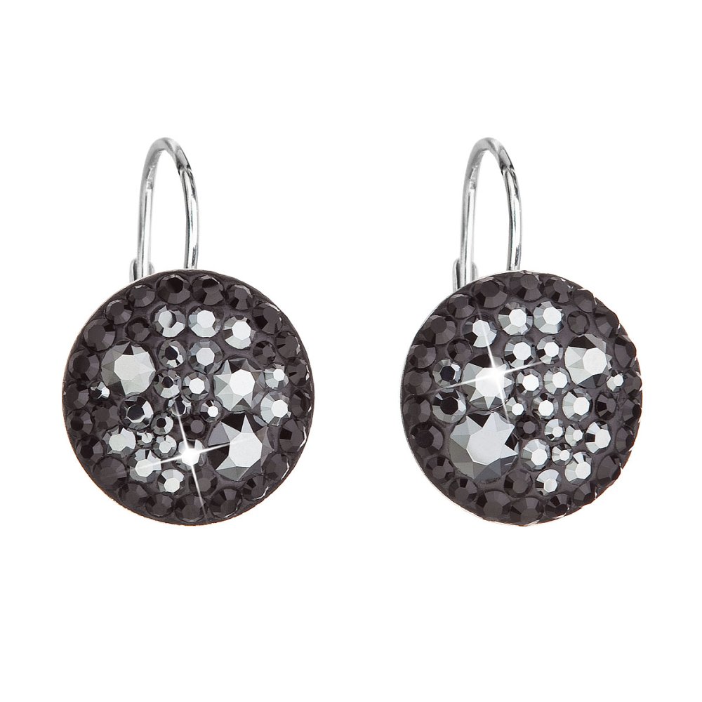 Stříbrné náušnice visací s krystaly Swarovski černé kulaté 31176.5 Hematite