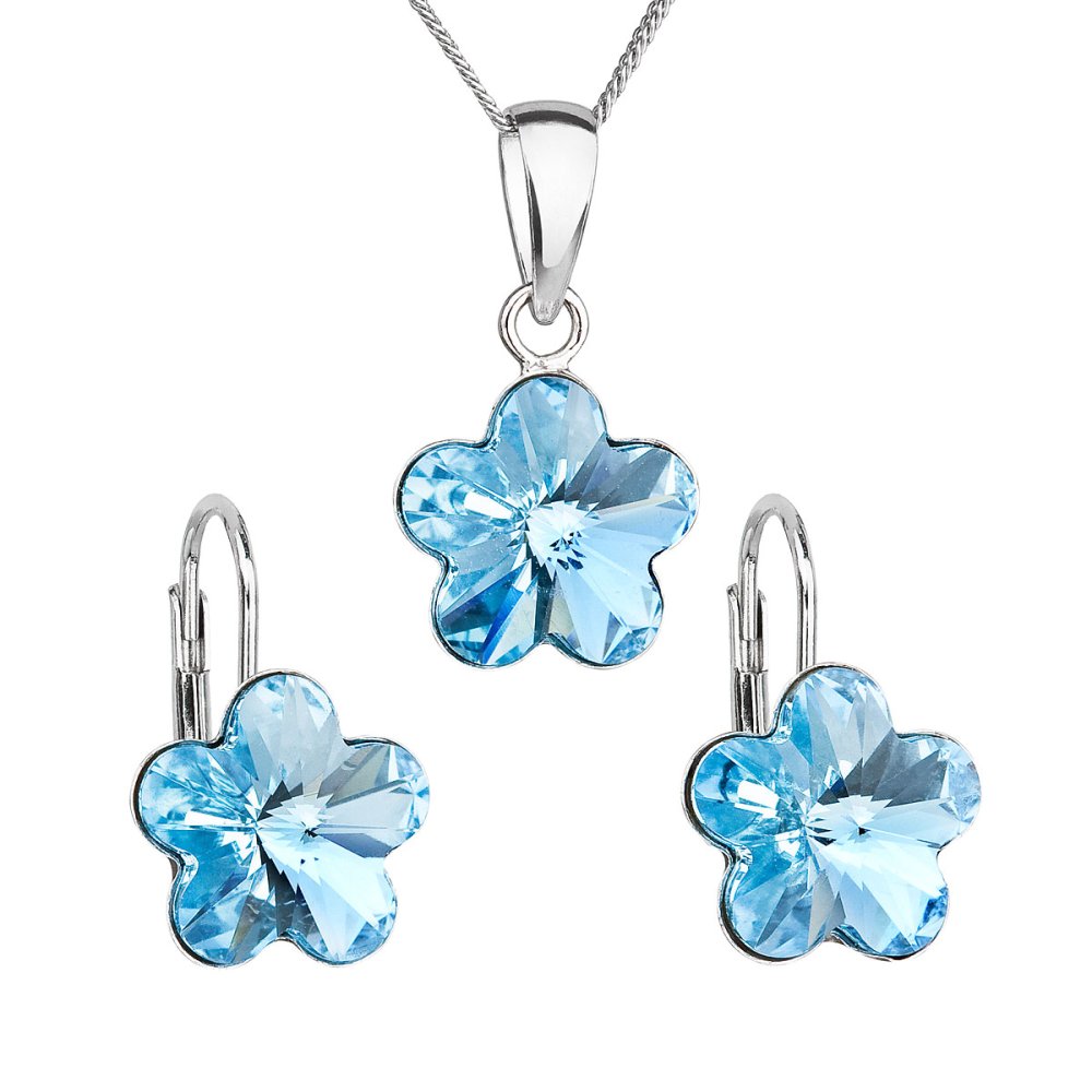 Levně Sada šperků s krystaly Swarovski náušnice, řetízek a přívěsek modrá kytička 39143.3 Aqua