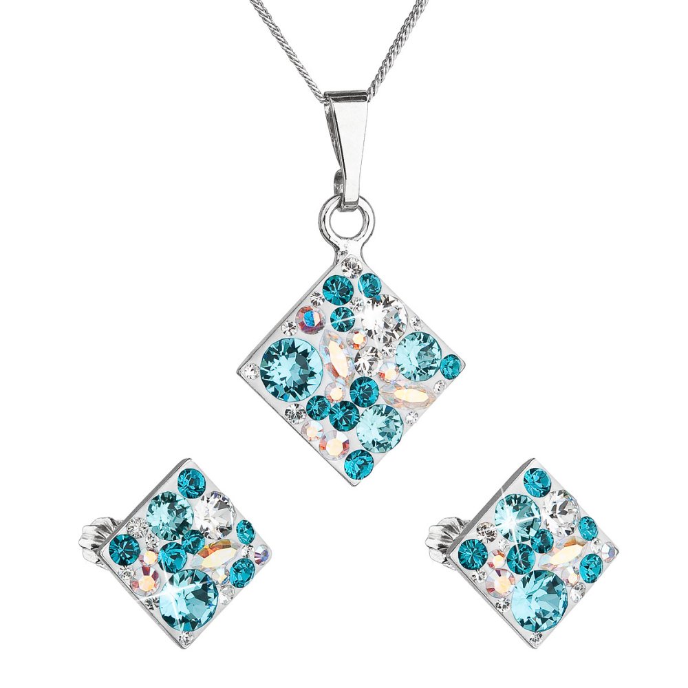 Levně Sada šperků s krystaly Swarovski náušnice, řetízek a přívěsek modrý kosočtverec 39126.3 Turquoise