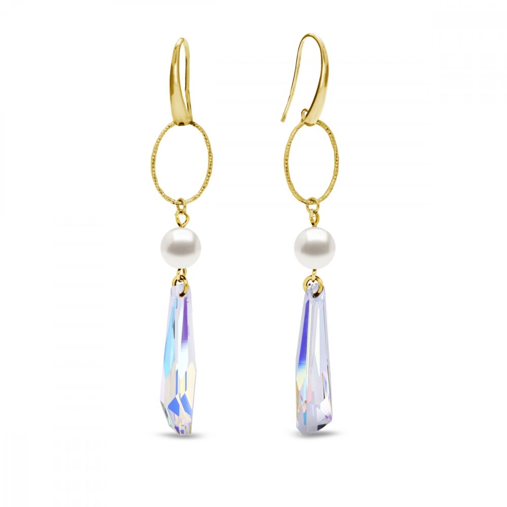 Stříbrné pozlacené náušnice s bílou perlou a měnivým krystalem Crystalactite KWG6017AB8W AB