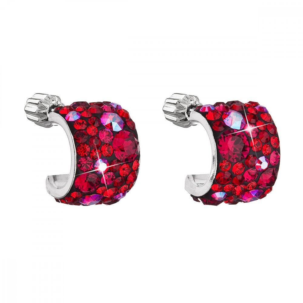 Stříbrné náušnice visací s krystaly Swarovski červený půlkruh 31280.3 Cherry