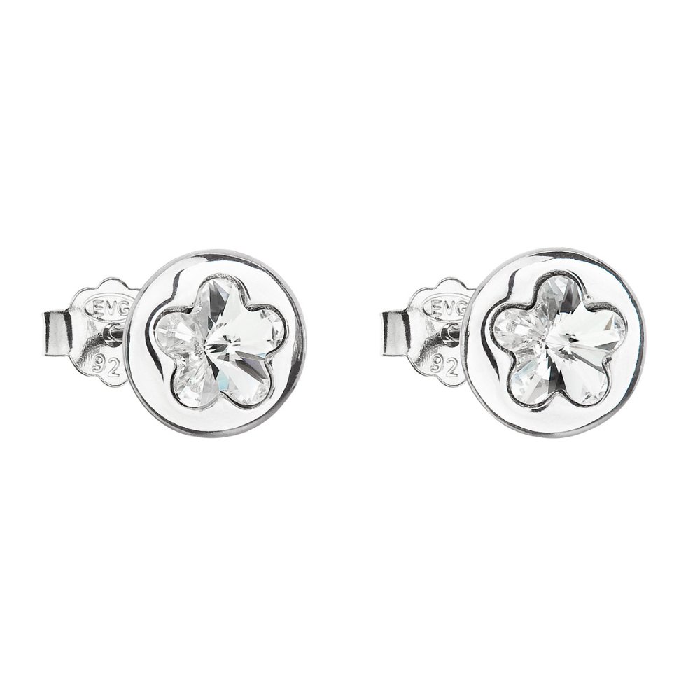 Levně Stříbrné náušnice pecka s krystaly Swarovski bílá kytička 31257.1 Krystal