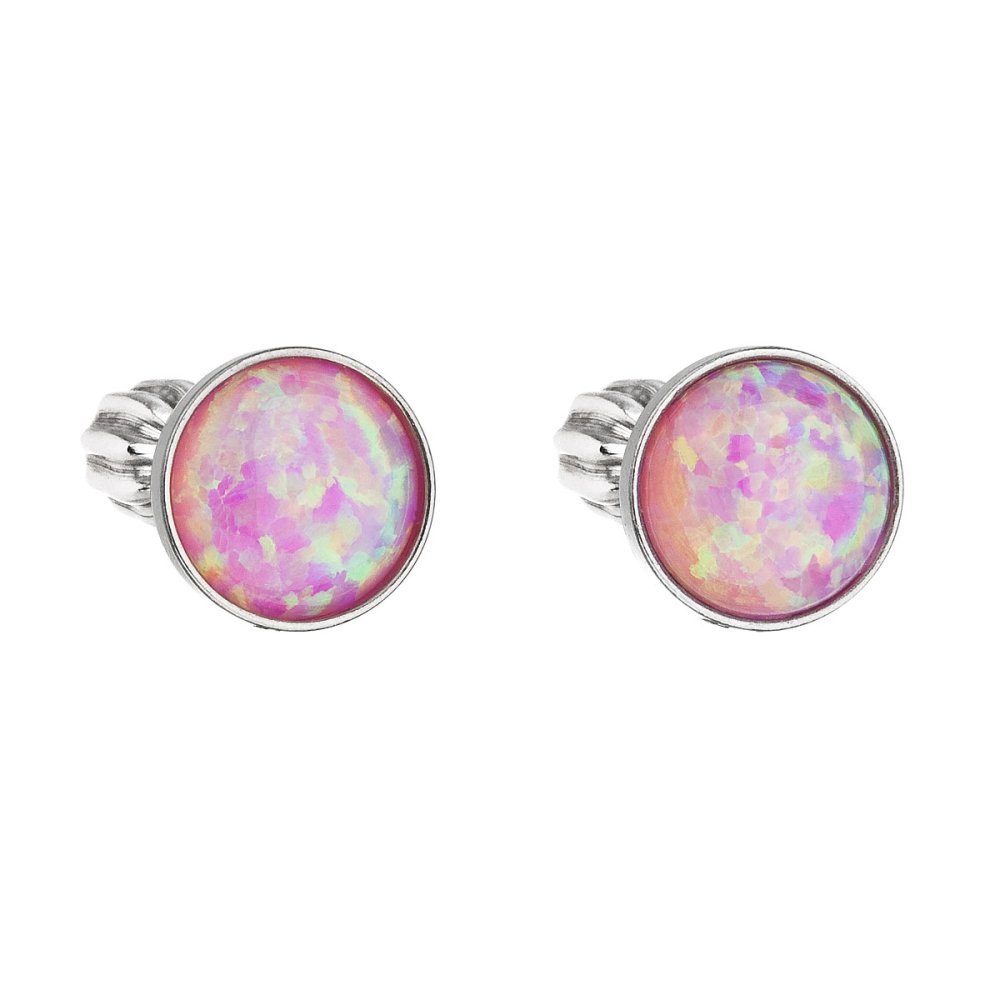 Levně Stříbrné náušnice pecky se syntetickým opálem růžové kulaté 11001.3 Pink s. Opal