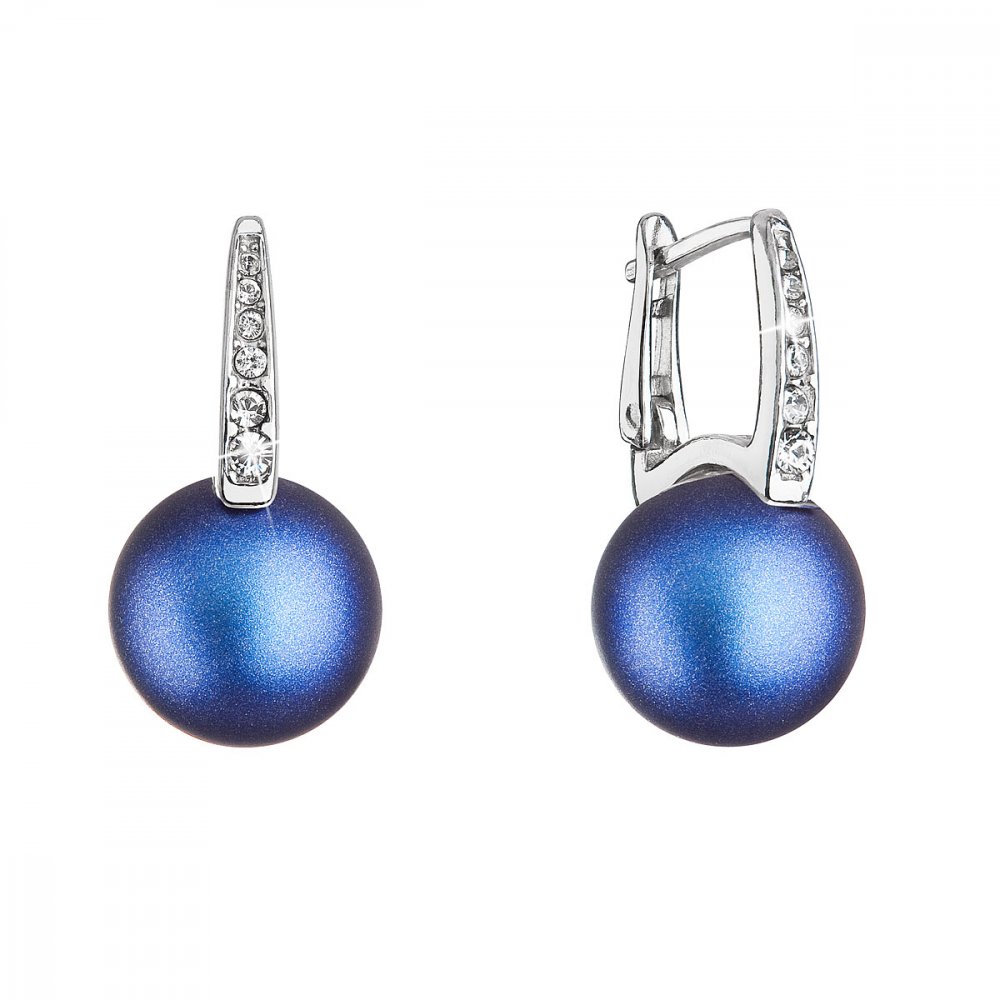 Levně Stříbrné náušnice visací se Swarovski modrou perlou a krystaly 31301.3 Dark Blue