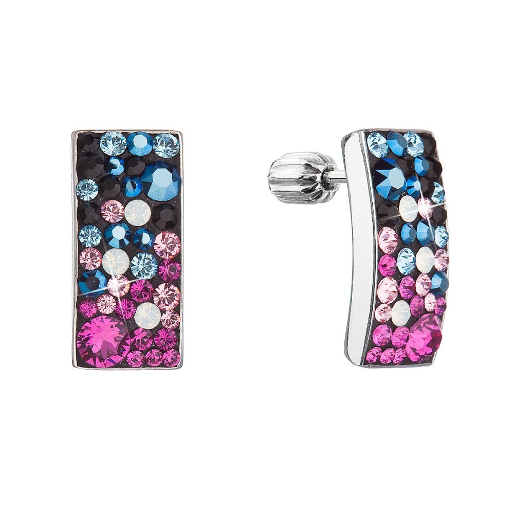 Levně Stříbrné visací náušnice se Swarovski krystaly růžový a modrý obdélník 31303.4 Galaxy