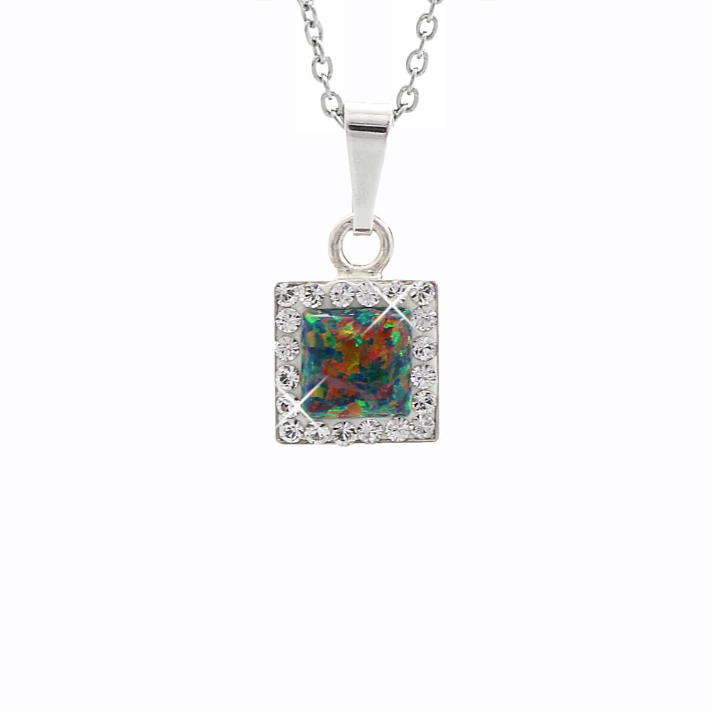 Stříbrný náhrdelník se zeleno měnivým opálem a krystaly Swarovski Elements čtverec Vitrail Medium Opal