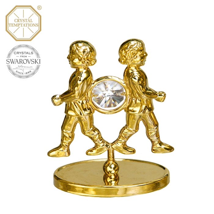 Levně Kovová pozlacená figurka Blíženci s bílými krystaly Swarovski Elements