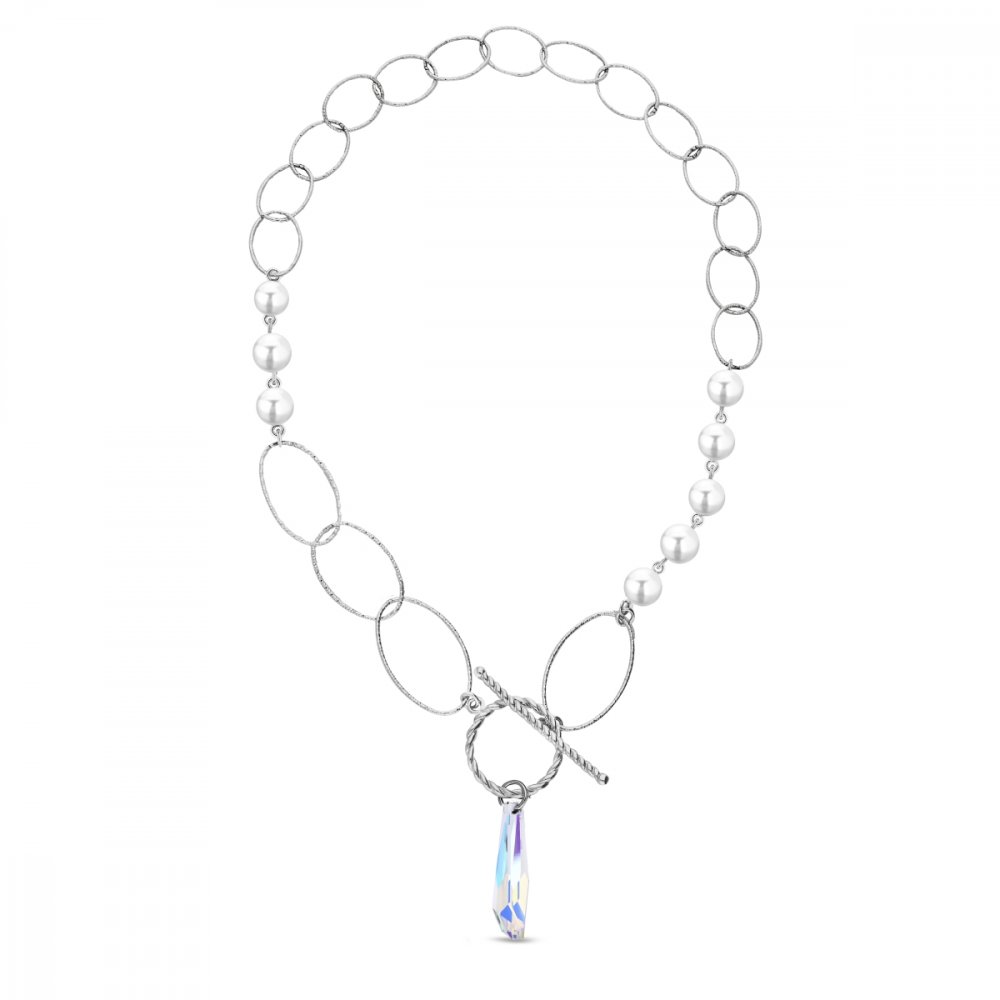 Stříbrný náhrdelník s bílými perlami a měnivým krystalem Crystalactite N6017AB8W AB