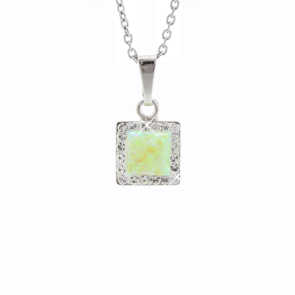 Stříbrný náhrdelník se světle zeleným opálem a krystaly Swarovski Elements čtverec Chrysolite Opal