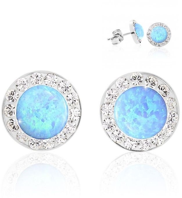 Stříbrné náušnice pecky se světle modrým opálem a krystaly Swarovski Elements Blue Opal
