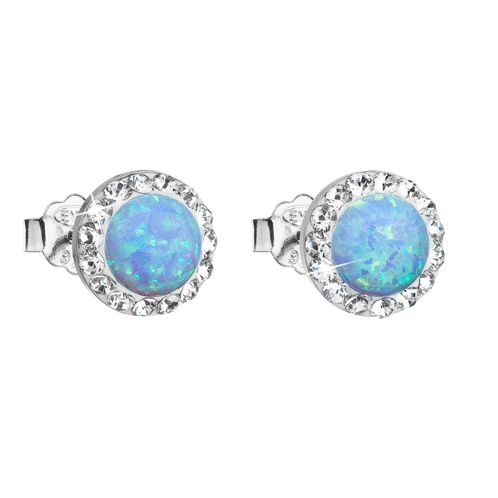 Stříbrné náušnice pecky se syntetickým opálem a křišťály Preciosa světle modré kulaté 31217.1 Lt. Blue s. Opal