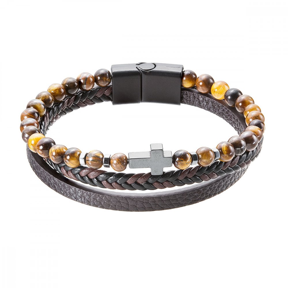 Náramek pánský koženka a korálky tygří oko s křížkem 43044.3 hnědý 23 cm