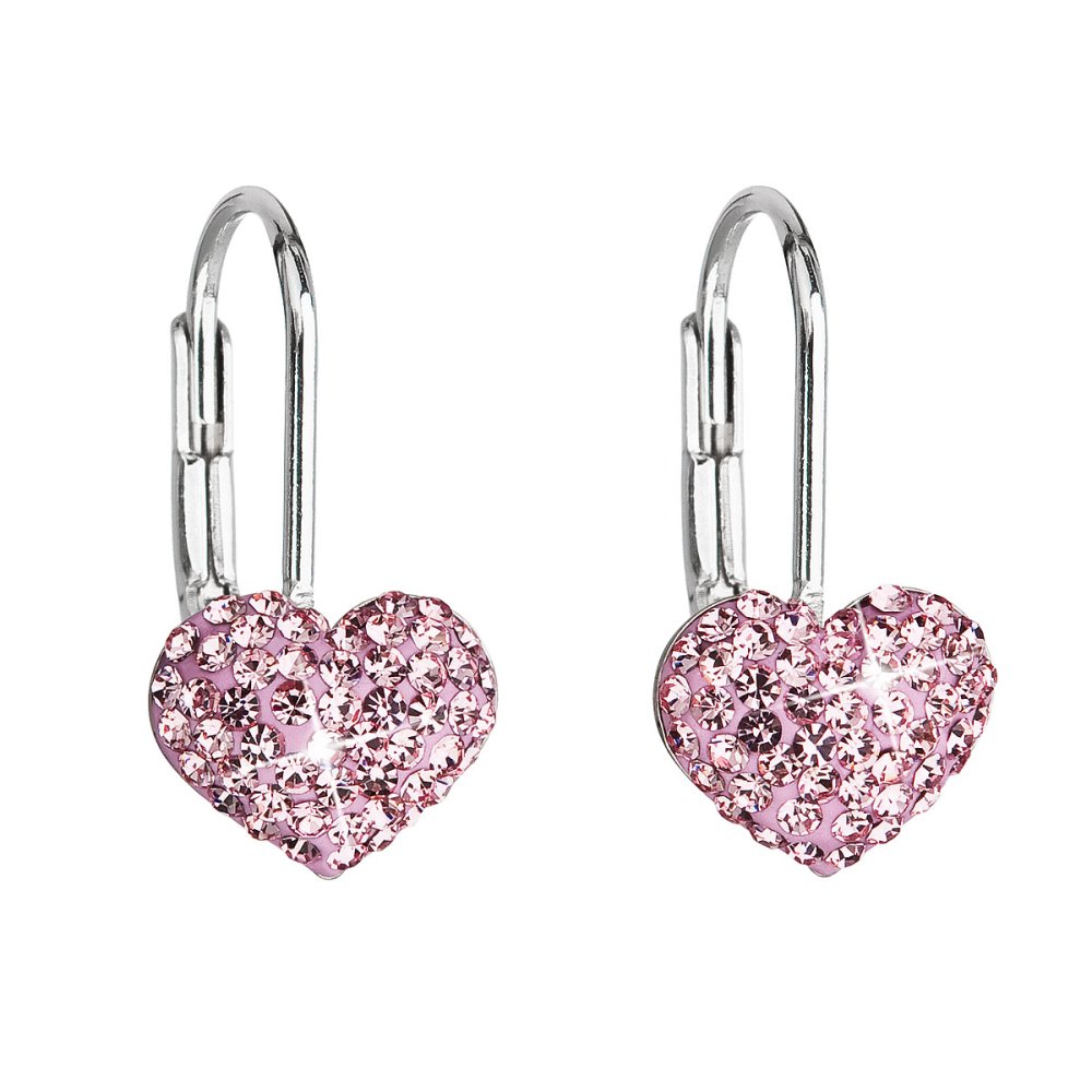 Levně Stříbrné náušnice visací s krystaly Swarovski růžové srdce 31125.3 Rose