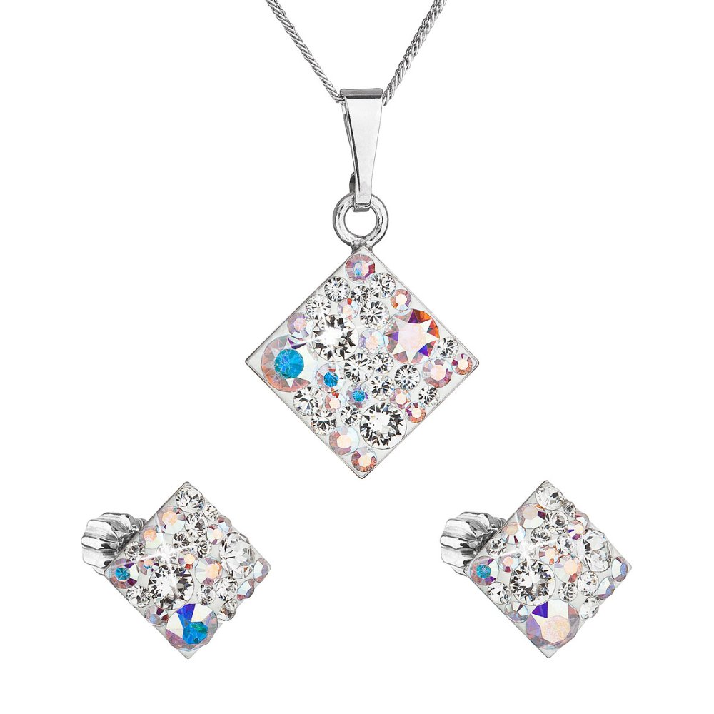 Levně Sada šperků s krystaly Swarovski náušnice, řetízek a přívěsek ab efekt kosočtverec 39126.2 AB