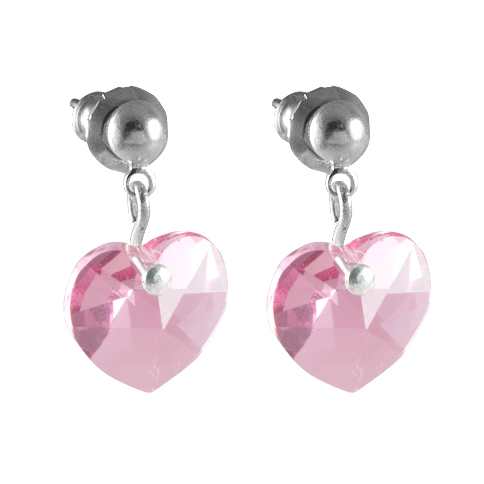 Náušnice se Swarovski Elements, visací, tvar srdce, světle růžové