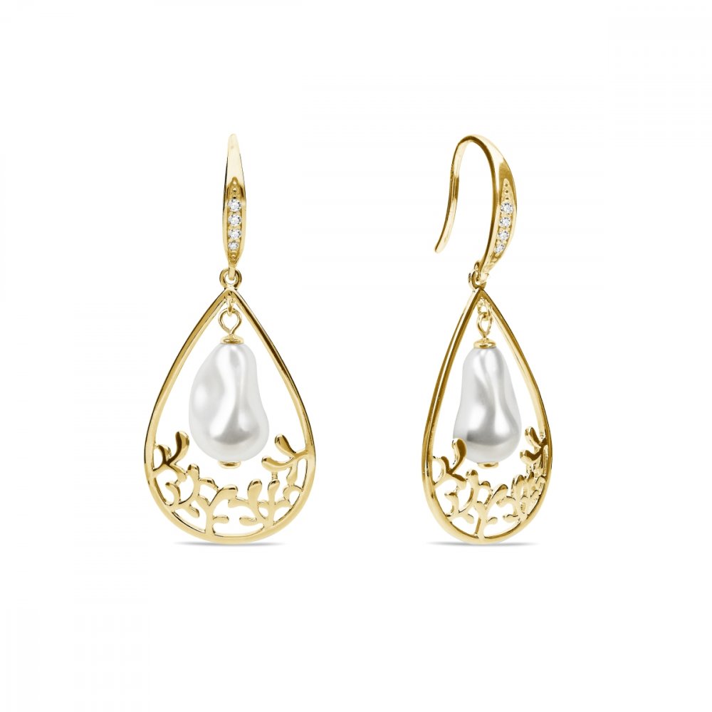 Levně Stříbrné pozlacené náušnice bílé perlové Caresse KWFG584312W White Pearl
