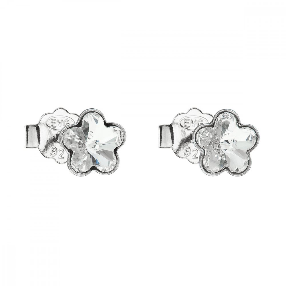 Stříbrné náušnice pecka s krystaly Swarovski bílá kytička 31080.1 Krystal