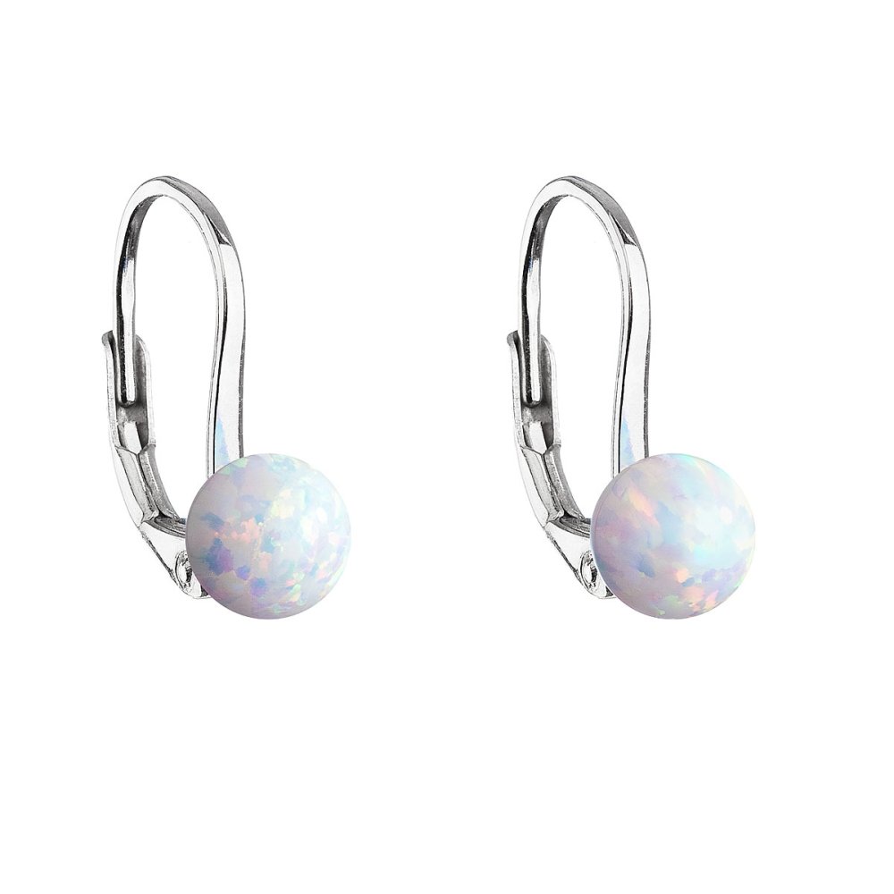 Levně Stříbrné visací náušnice se syntetickým opálem bílé kulaté 11242.1 White s. Opal