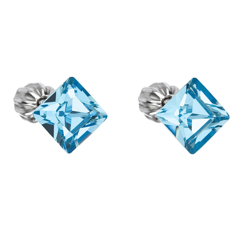 Levně Stříbrné náušnice pecka s krystaly Swarovski modrý čtverec 31065.3 Aqua