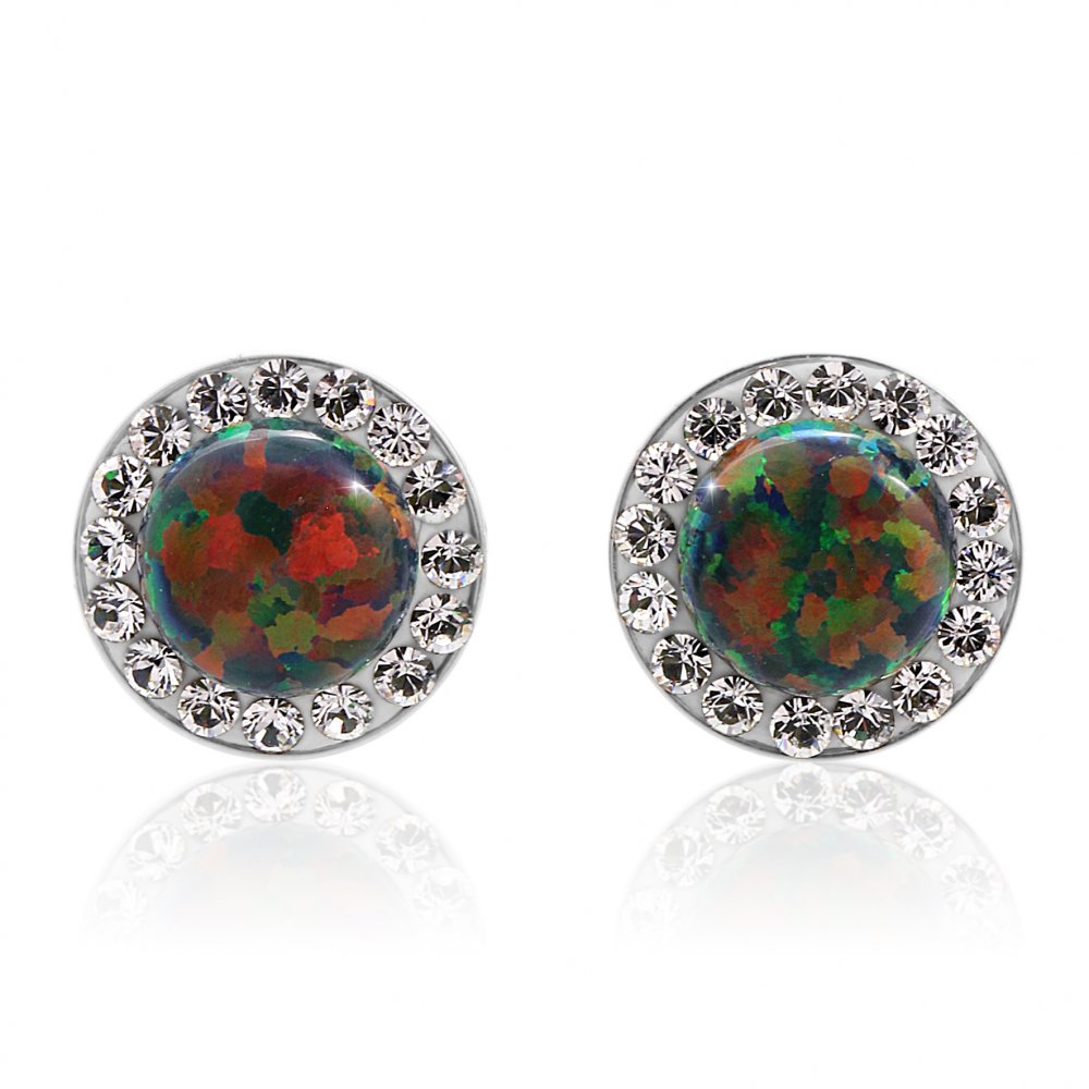 Levně Stříbrné náušnice pecky se zelenoměnivým opálem a krystaly Swarovski Elements Vitrail Medium Opal
