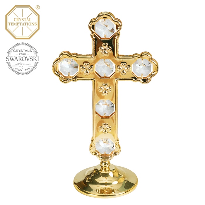 Levně Kovová pozlacená figurka Kříž s bílými krystaly Swarovski Elements