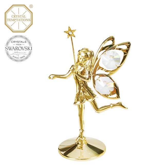 Levně Kovová pozlacená figurka Víla s bílými krystaly Swarovski Elements