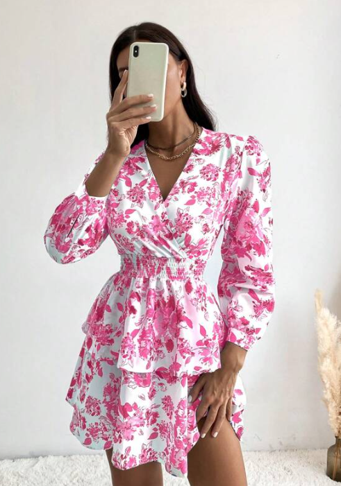 Letní růžové boho šaty s motivem květin M