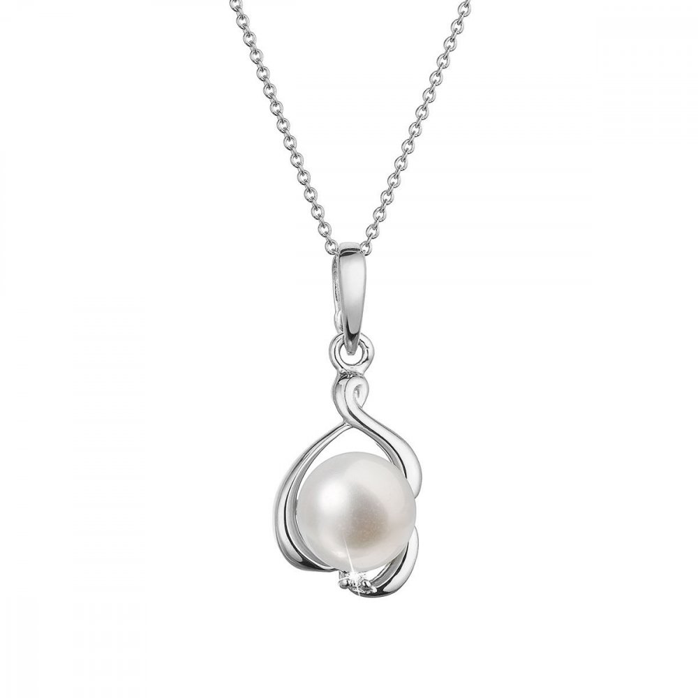 Zlatý 14 karátový náhrdelník bílé zlato s bílou říční perlou a briliantem 82PB00052