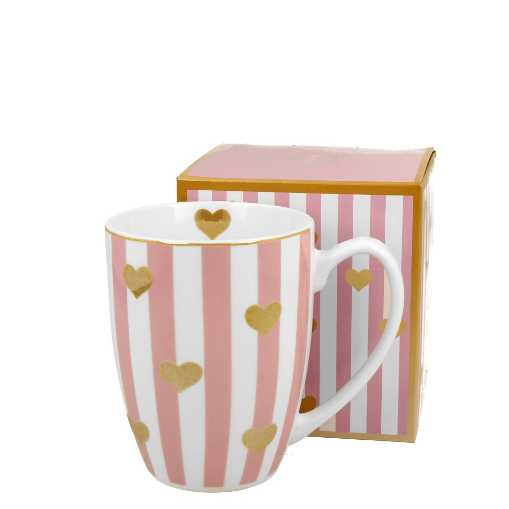Levně Porcelánový hrnek na čaj růžový zlaté srdce 380 ml