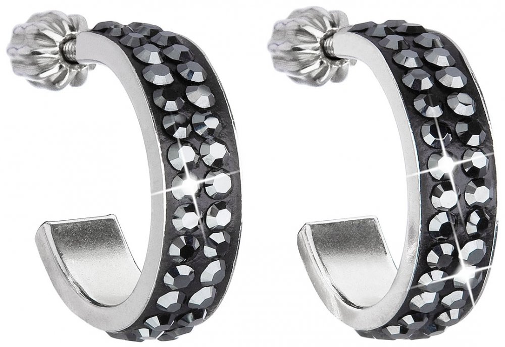 Stříbrné náušnice kruhy s krystaly Swarovski černý půlkruh 31119.5 Hematite