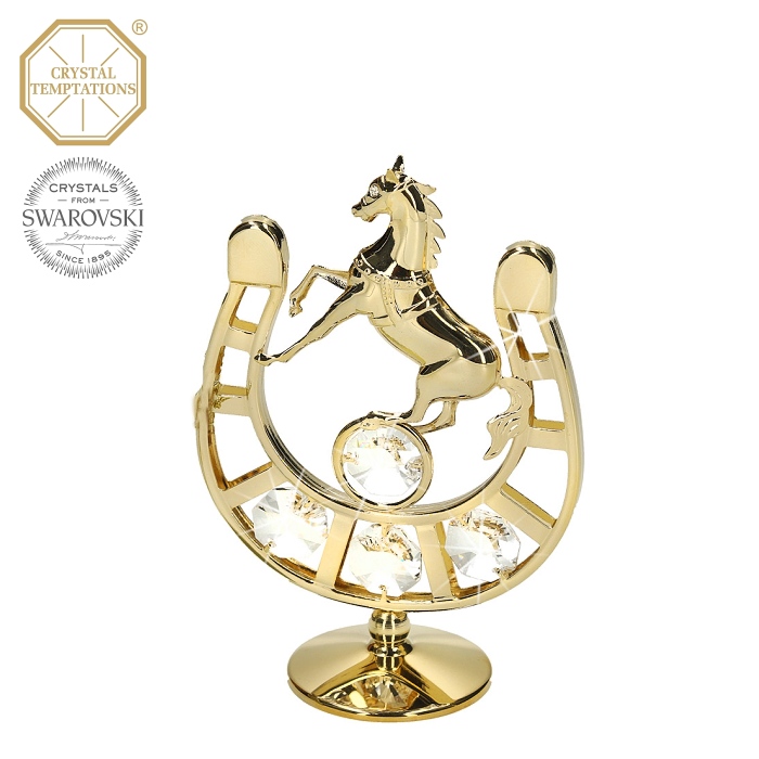 Levně Kovová pozlacená figurka Podkova s bílými krystaly Swarovski Elements