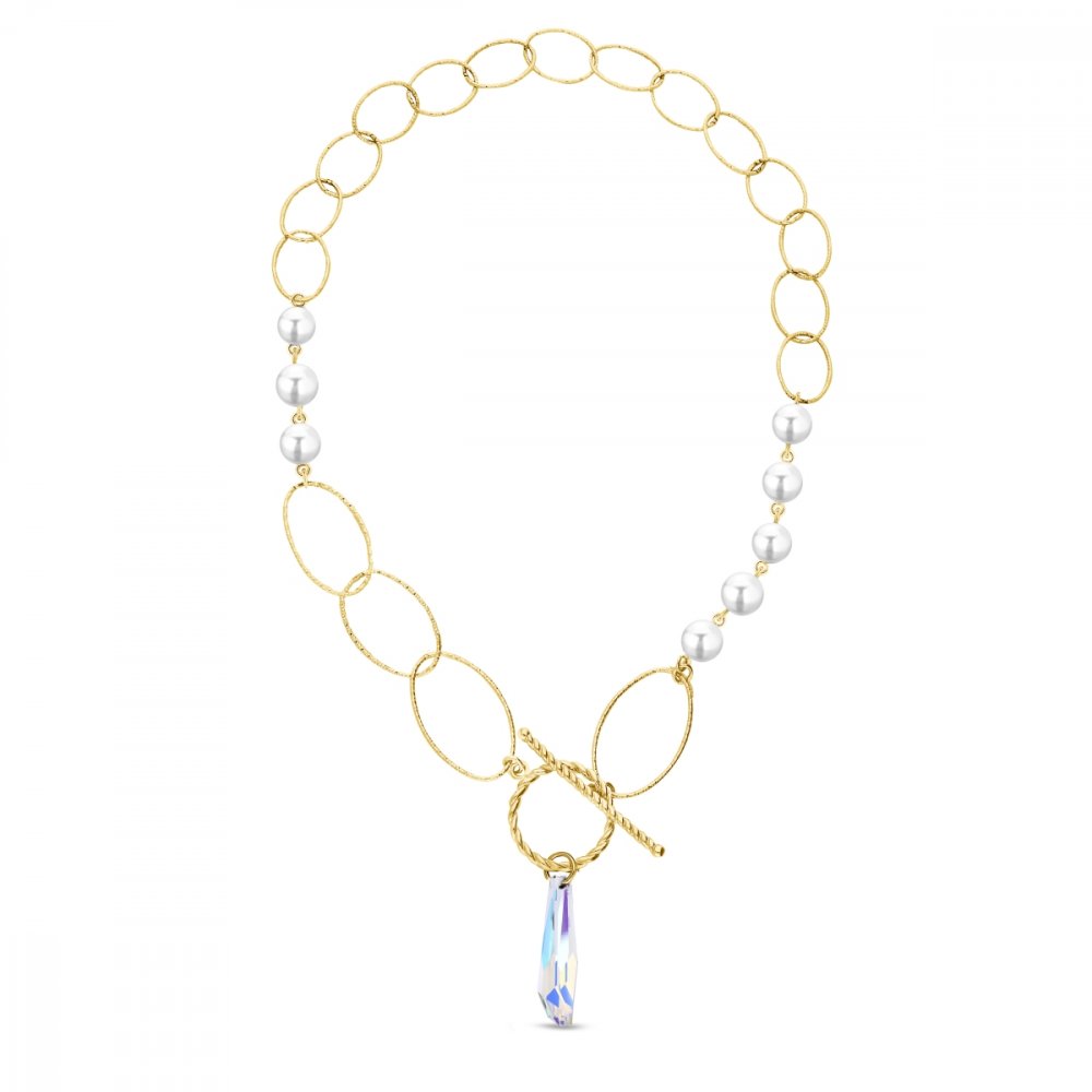 Stříbrný pozlacený náhrdelník s bílými perlami a měnivým krystalem Crystalactite NG6017AB8W AB