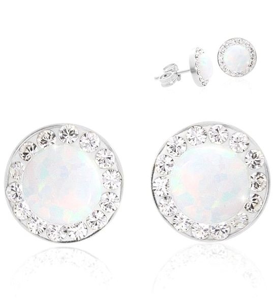 Stříbrné náušnice pecky s bílým opálem a krystaly Swarovski Elements White Opal