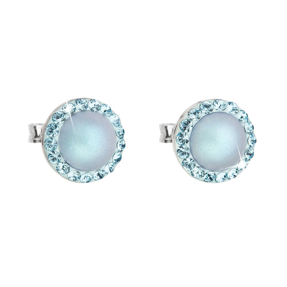 Levně Stříbrné náušnice pecka s krystaly Swarovski a světle modrou matnou perlou kulaté 31214.3 Light Blue