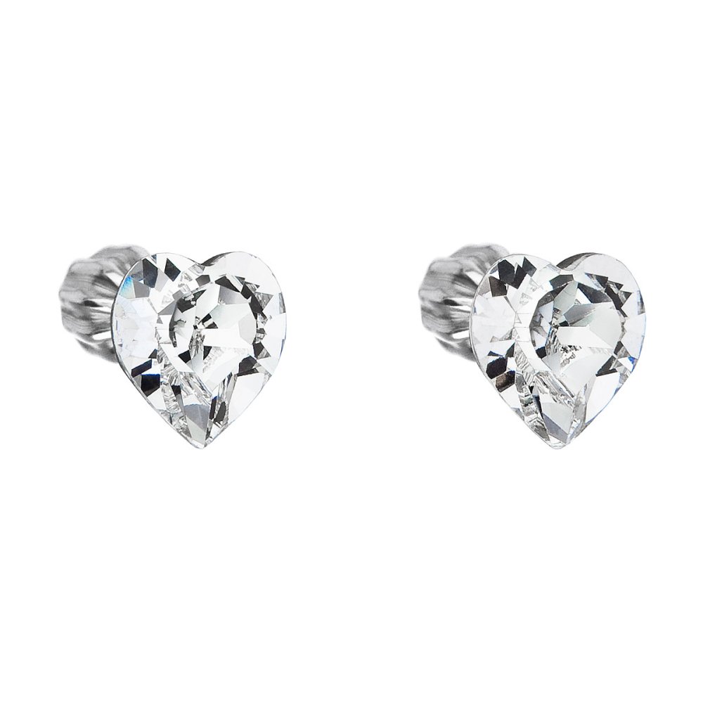Levně Stříbrné náušnice pecka s krystaly Swarovski bílé srdce 31139.1 Krystal